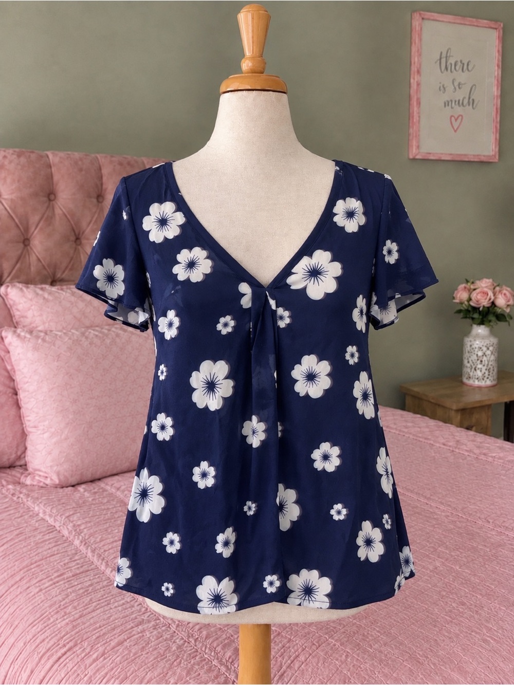 & Other Stories Navy White Floral V-Neck Flutter Sleeve Blouse